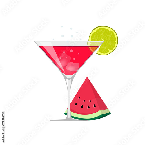 Cocktail drink glass vector illustration with ice and watermelon slice isolated on white flat cartoon design, fruit red mixed beverage icon clipart