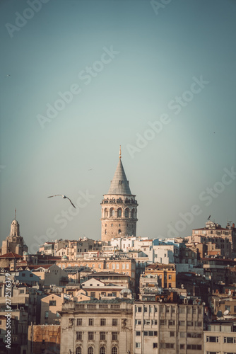 Galata Tower seen from the other side of the Bosphorus canal. Istanbul, Turkey