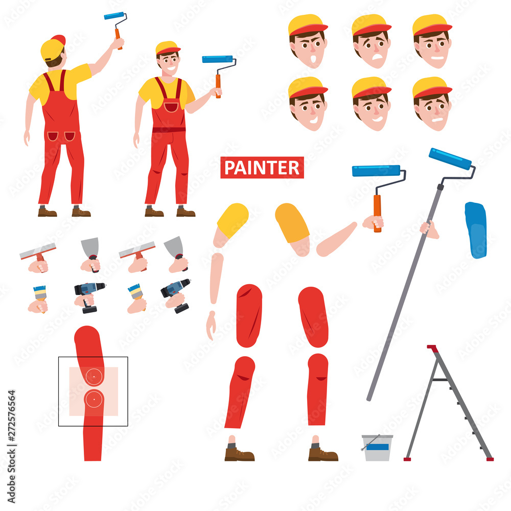 Painter profession worker character for animation. Front and back view Painter profession worker character for animation. Front and back view