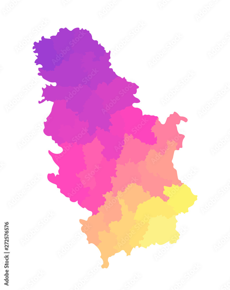 Vector isolated illustration of simplified administrative map of Serbia. Borders of the districts. Multi colored silhouettes