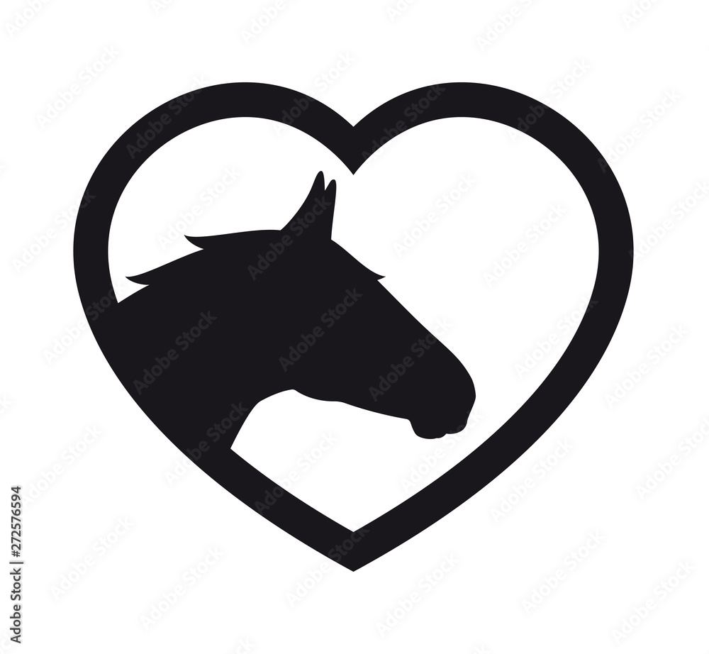 Vector black silhouette of heart inside horse head. Isolated on white