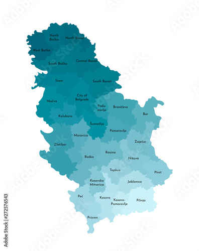 Vector isolated illustration of simplified administrative map of Serbia. Borders and names of the districts. Colorful blue khaki silhouettes