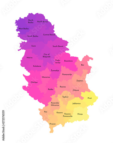 Vector isolated illustration of simplified administrative map of Serbia. Borders and names of the districts. Multi colored silhouettes
