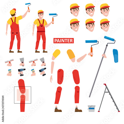 Painter profession worker character for animation. Front and back view