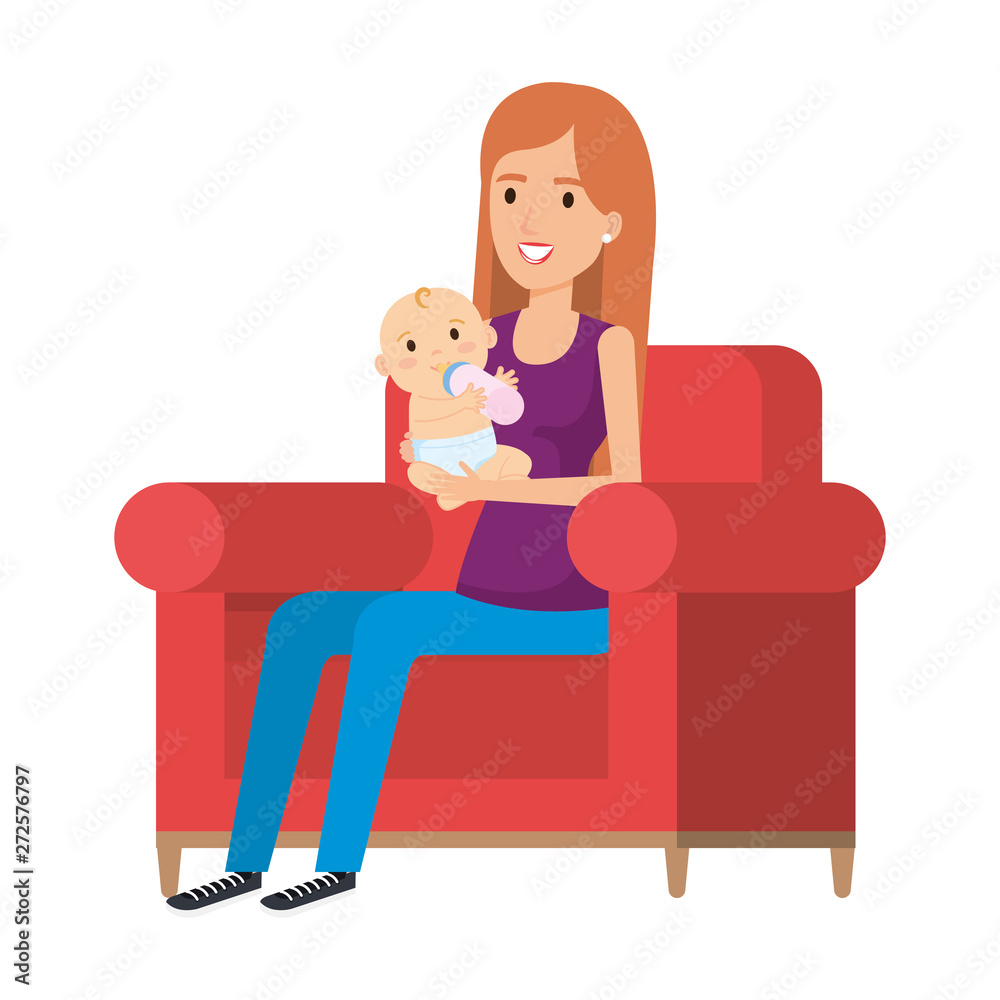 mother lifting little baby seated in sofa