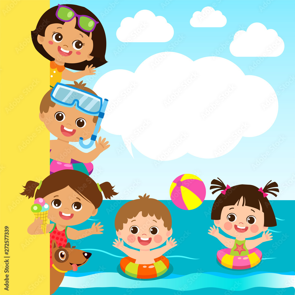 Flat Illustration Happy Children Vector Banner With Space For Text. Hello Summer Boy And Girl Frame. Group Of Children Play On The Beach. Flat Illustration Happy Children Vector Banner With Space For Text. Hello Summer Boy And Girl Frame. Group Of Children Play On The Beach.