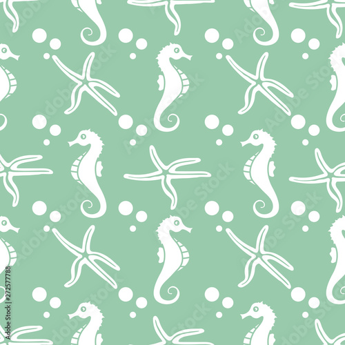 Vector seamless pattern with sea horses, starfish