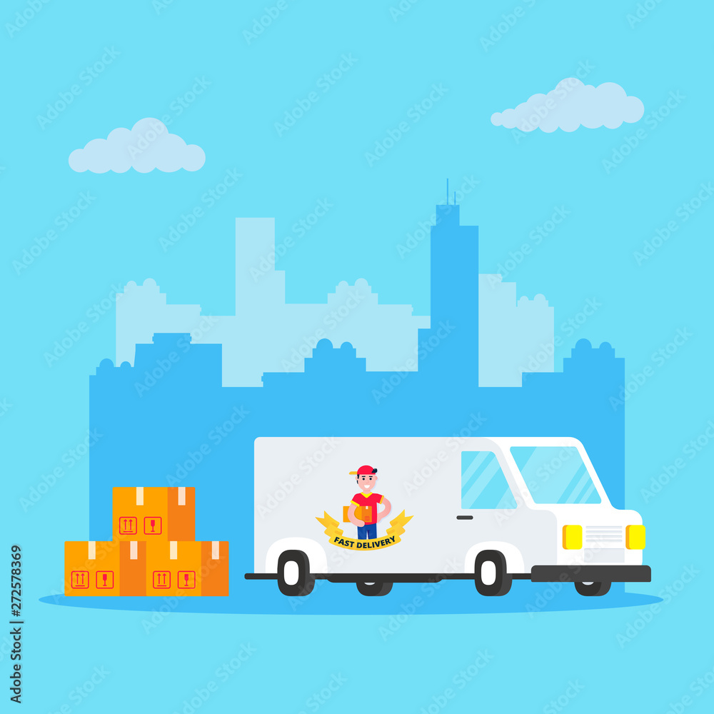 Fast delivery vehicle car van flat style design with city behind vector illustration isolated on light blue background. Cargo auto truck for shipment business with pile of boxes.