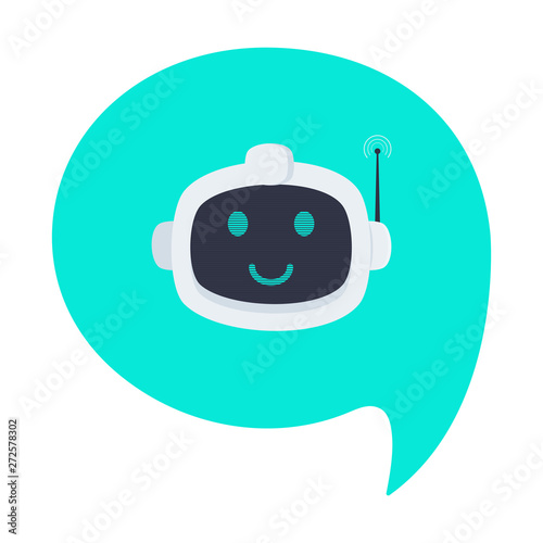 Robot chatbot head icon sign in the speech bubble flat style design vector illustration isolated on white background. Cute AI bot helper mascot character concept symbol business assistant.