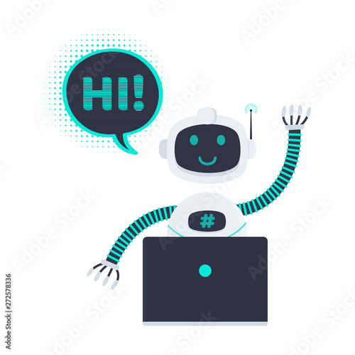 Robot chatbot icon sign flat style design vector illustration isolated on white background. Cute AI bot helper mascot character concept symbol business assistant. Chat bot say hi behind laptop!