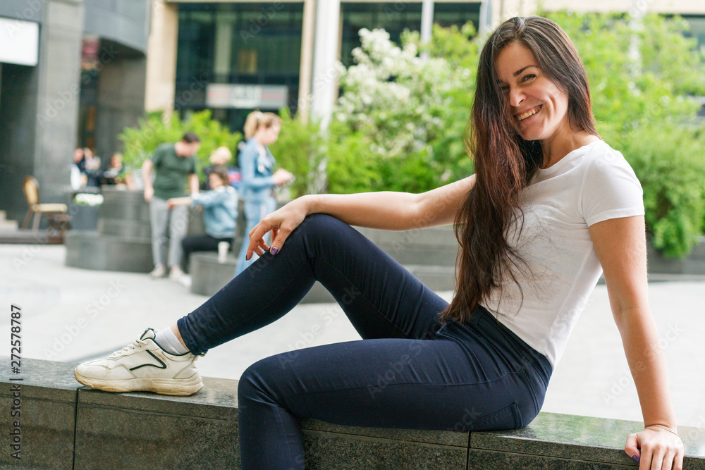 Woman in downtown Moscow city. Lifestyle photo Woman in downtown Moscow city. Lifestyle photo