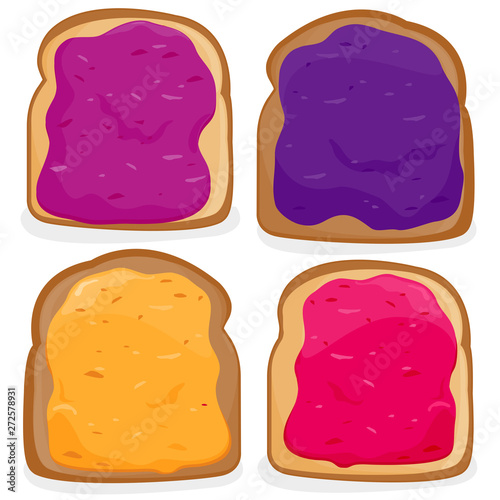 Slices of bread with different types of jelly. Vector illustration