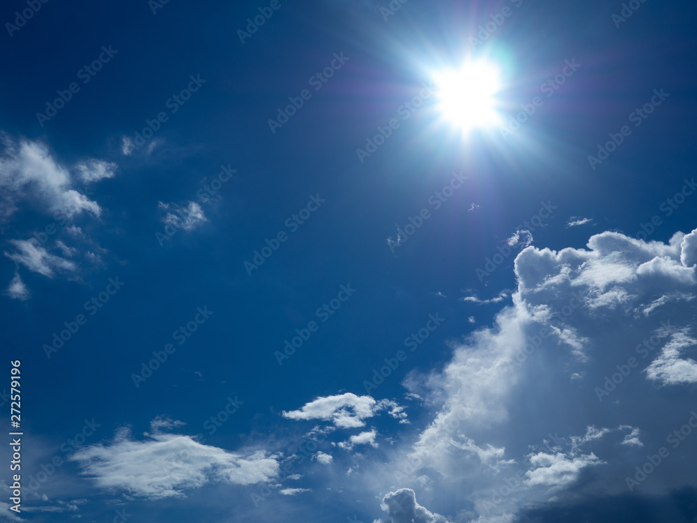 Sunny background, blue sky with white clouds and sun