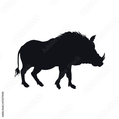 Black silhouette of african boar on white background. Isolated desert warthog icon. Wild animals of Africa. Savannah nature