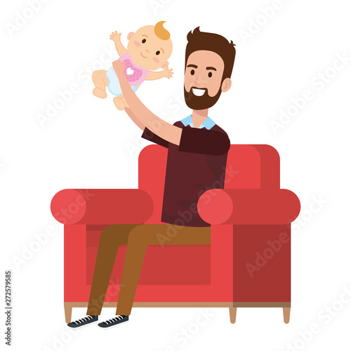father lifting little baby in the sofa characters