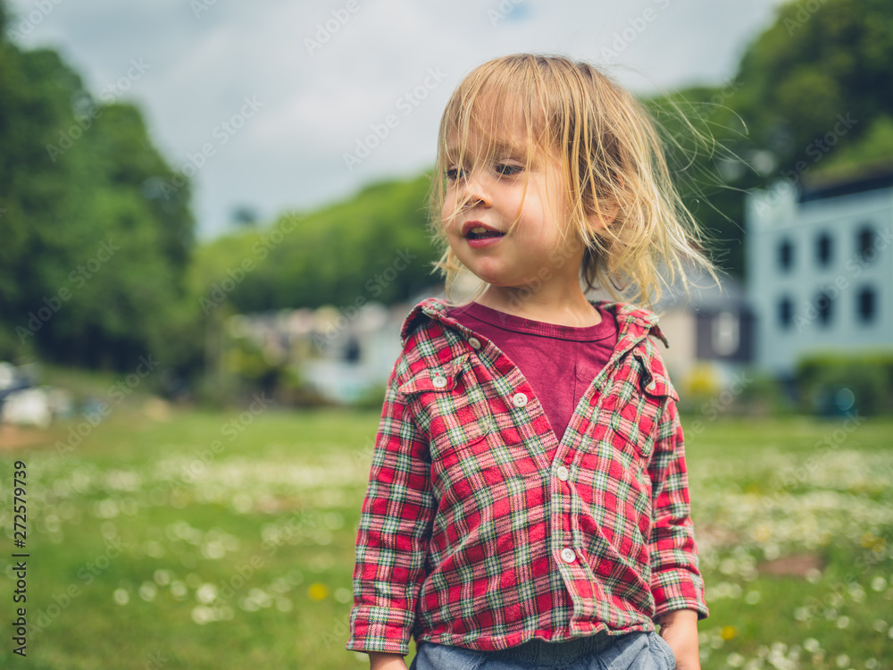 Little toddler standing on grass with daisies Little toddler standing on grass with daisies