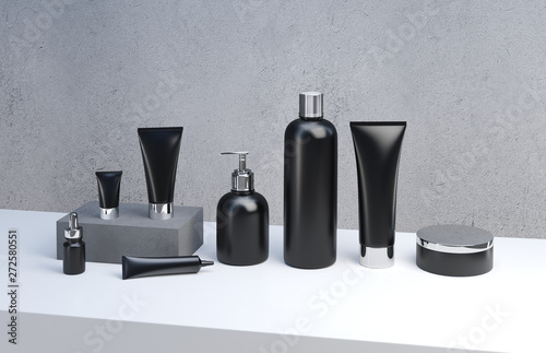 3d render mockup of men's cosmetic bundle for skin hair care. Black plastic bottles and tubes with metallic caps in row on concrete backdrop. Branding identity template.