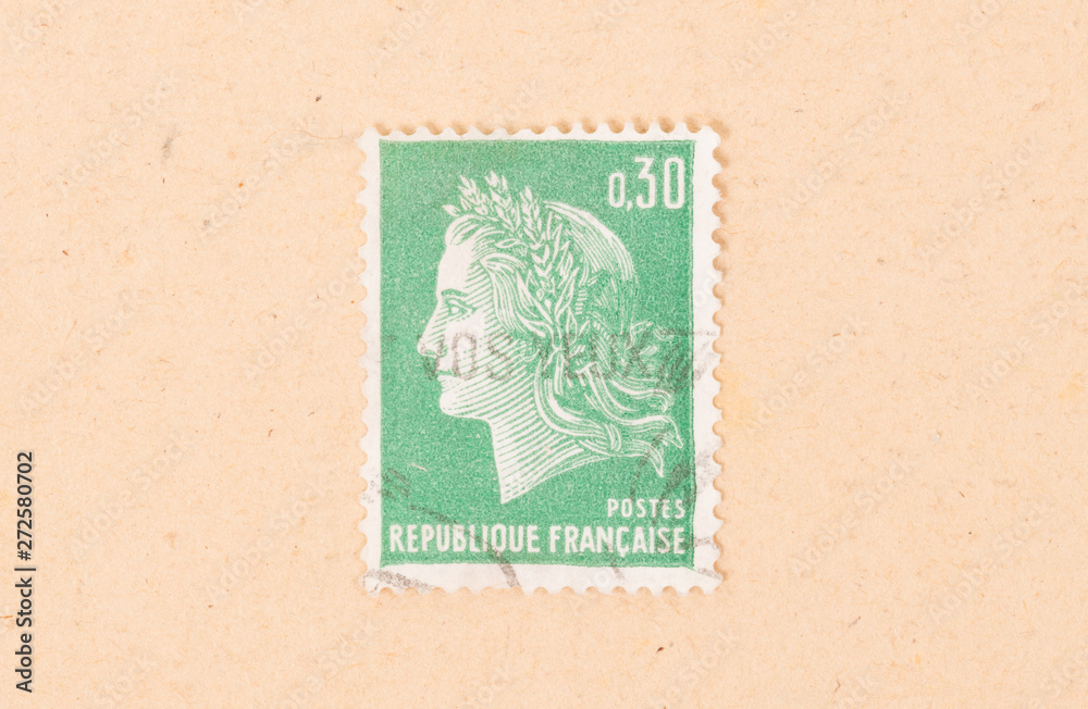 FRANCE - CIRCA 1970: A stamp printed in France shows portrait of a woman, known as Liberty, after Eugene Delacroix, circa 1970
