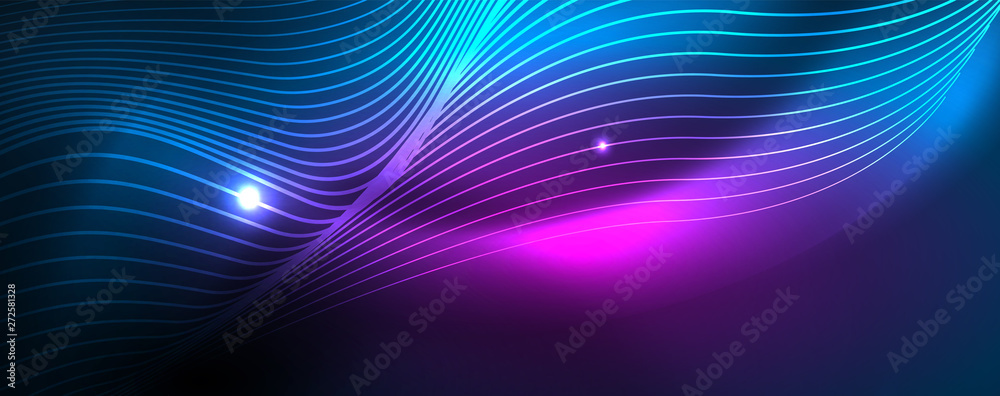 Smooth wave lines on blue neon color light background. Glowing abstract wave on dark, shiny motion, magic space light Smooth wave lines on blue neon color light background. Glowing abstract wave on dark, shiny motion, magic space light