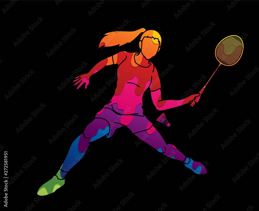 Badminton female player action with racket and shuttlecock cartoon graphic  vector. Stock Vector | Adobe Stock
