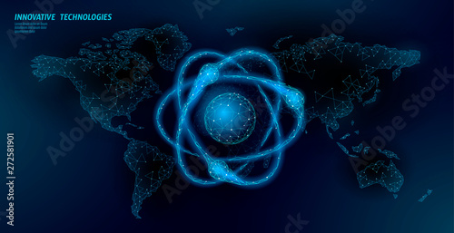 Atom particle sigh on world map. Nuclear military weapons global danger. Atonic power defence country security. Nuke arm international violence treaty concept vector illustration