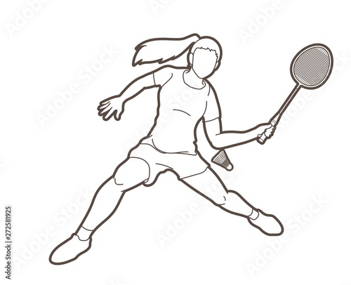 Badminton female player action with racket and shuttlecock cartoon graphic vector.