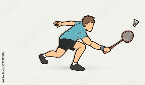 Badminton male player action with racket and shuttlecock cartoon graphic vector.