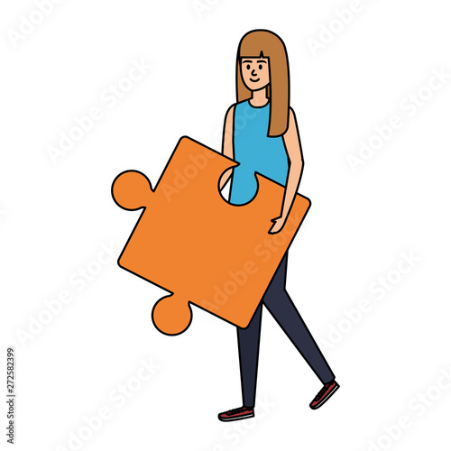 young woman lifting puzzle game piece