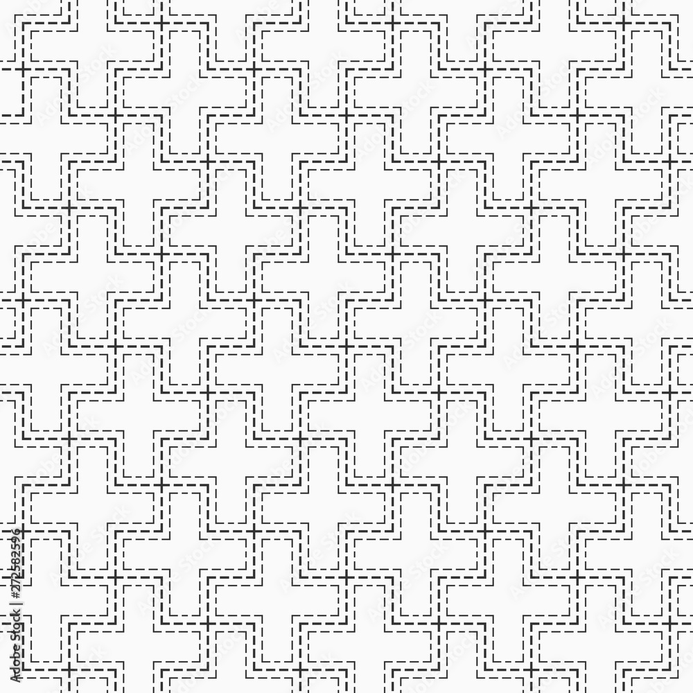Abstract seamless pattern of dotted crosses. Vector monochrome background.