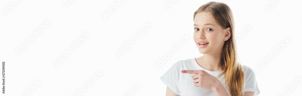 panoramic shot of smiling teenage girl pointing with finger away isolated on white panoramic shot of smiling teenage girl pointing with finger away isolated on white