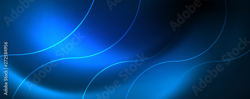 Trendy neon blue abstract design with waves and circles. Neon light glowing effect. Abstract digital background.