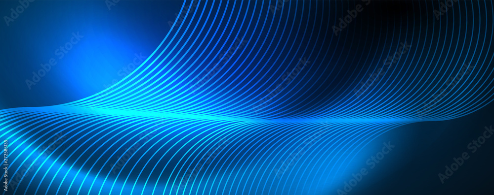 Trendy neon blue abstract design with waves and circles. Neon light glowing effect. Abstract digital background. Trendy neon blue abstract design with waves and circles. Neon light glowing effect. Abstract digital background.