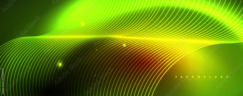 Bright neon circles and wave lines, glowing shiny background design template, digital techno concept. Bright neon circles and wave lines, glowing shiny background design template, digital techno concept.