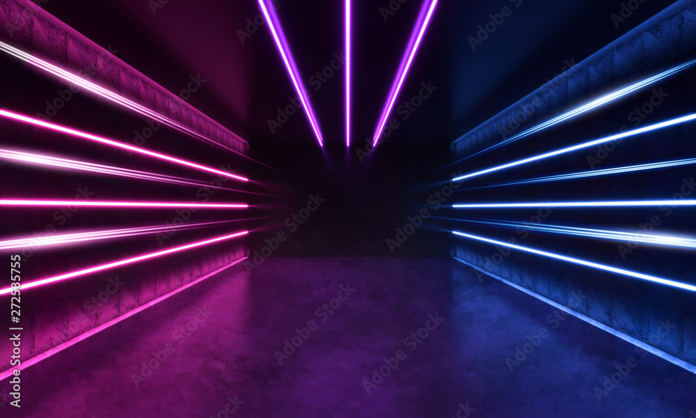 Naklejka Futuristic Sci-Fi Modern Room With Stripes Shaped Blue And Purple Glowing Neon Lines.