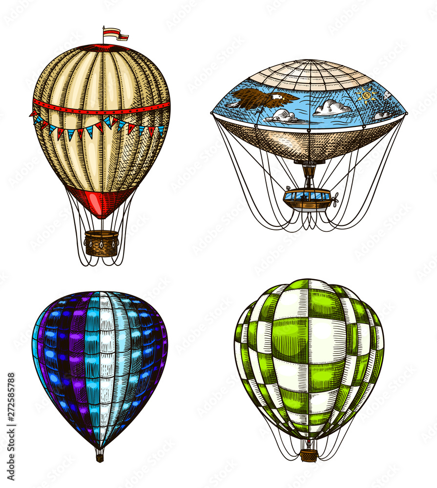 Fototapeta premium Hot Air Balloons. Vector retro flying airships with decorative elements. Template transport for Romantic logo. Hand drawn Engraved vintage sketch.