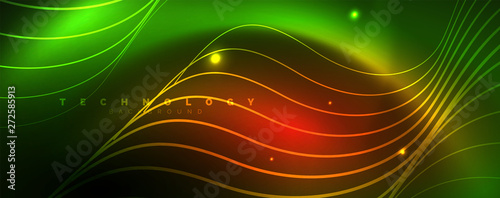 Shiny neon lines template - northern lights glowing blur lines. Futuristic style glow neon 80s disco club or night party techno template