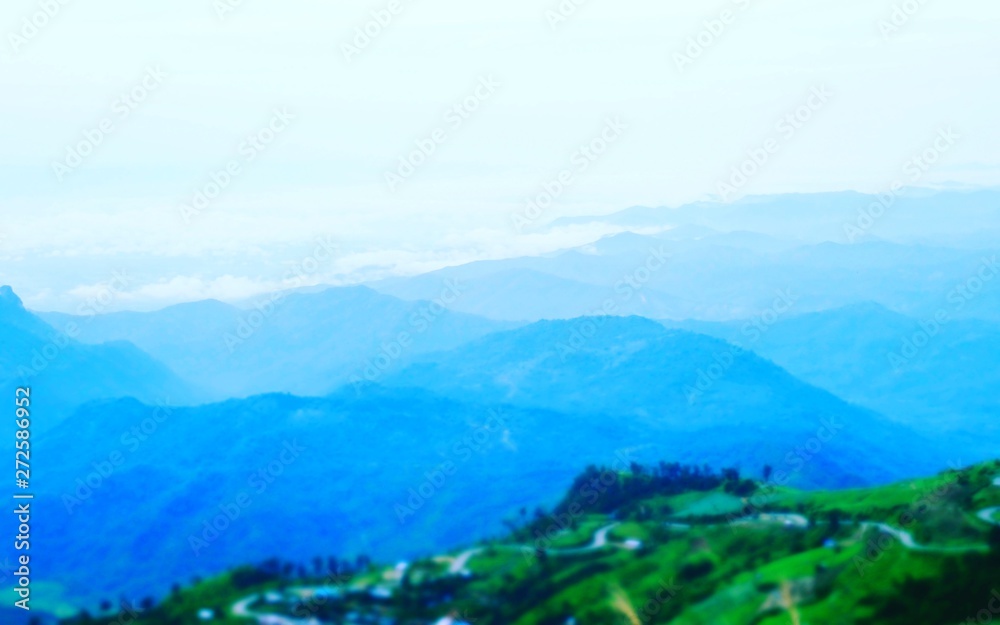 Landscape of green mountain closeup sky background