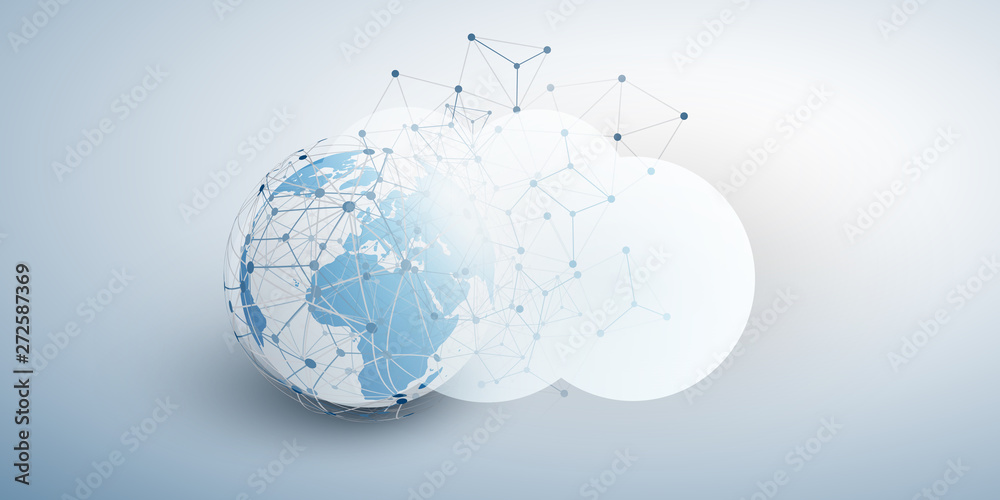 Obraz premium Cloud Computing Design Concept - Digital Connections, Technology Background with Earth Globe, World Map and Geometric Network Mesh 
