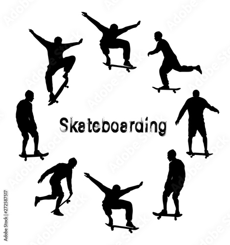 Set of black skateboarder silhouettes. Skate trick ollie. Skateboarder is rides, pushes off the ground, jumping, standing on the board. Isolated vector illustration. Grunge style textured text.
