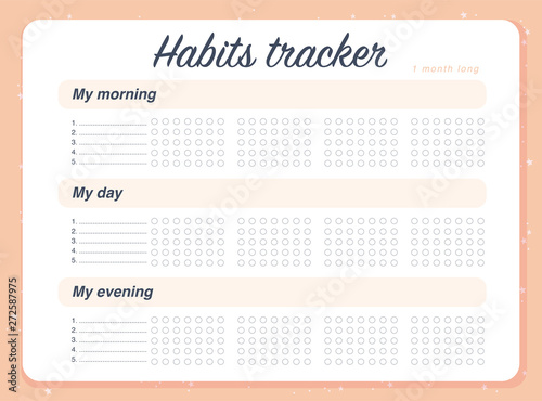 Vector habits tracker page design template calendar  for month. Time management equipment. Flat lay, organizer mock up. Pastel colors. Monthly organizer with empty spaces for activities.