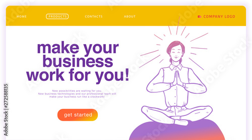 Vector landing page design template with illustration of office woman in lotus pose meditating. Business solution, online consulting, support, management concept. Sketch style. Mobile app, ui, website