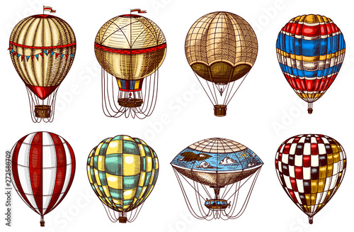 Vintage hot air balloons. Cute flying retro transport for summer holidays. Engraved Hand Drawn Sketch.
