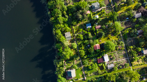Tiny Ecological Friendly City Plot Gardens on Lake Edge, Aerial Top Down View