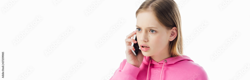 panoramic shot of upset teenage girl in pink hoodie talking on smartphone isolated on white panoramic shot of upset teenage girl in pink hoodie talking on smartphone isolated on white