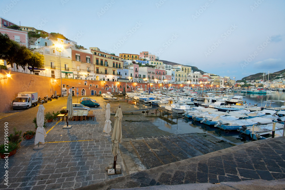 city of Ponza island and  harbour before sunrise. Italy