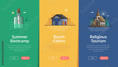 Sea vacation vertical banners for beach resort application. Summer traveling agency onboarding UI screens. Adventure on seaside coast scenes with shipwreck bottle, beach cabin and marine church.