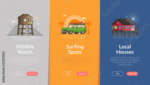 Sea vacation vertical banners for beach resort application. Summer traveling agency onboarding UI screens. Adventure on seaside coast scenes with baywatch tower, surfing car and fisherman house.