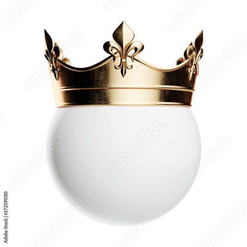 Golden crown on white sphere isolated
