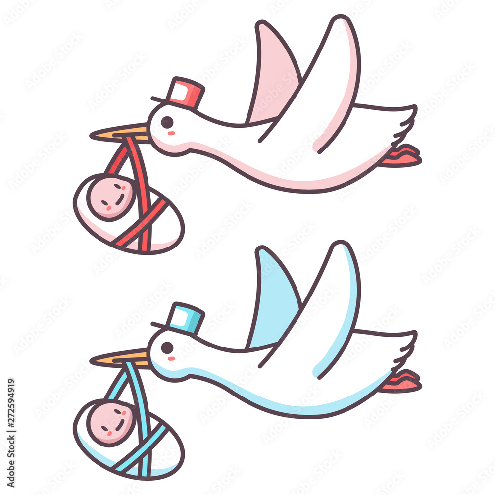 Cute cartoon stork and baby boy and girl. Vector illustration of a flying bird  carrying a newborn kid isolated on a white background. Stock Vector | Adobe  Stock