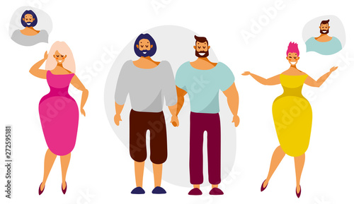 Fototapeta Naklejka Na Ścianę i Meble -  Beautiful women dream about relationships with men from lgbt couples. Vector illustration in flat cartoon style isolated on white background.